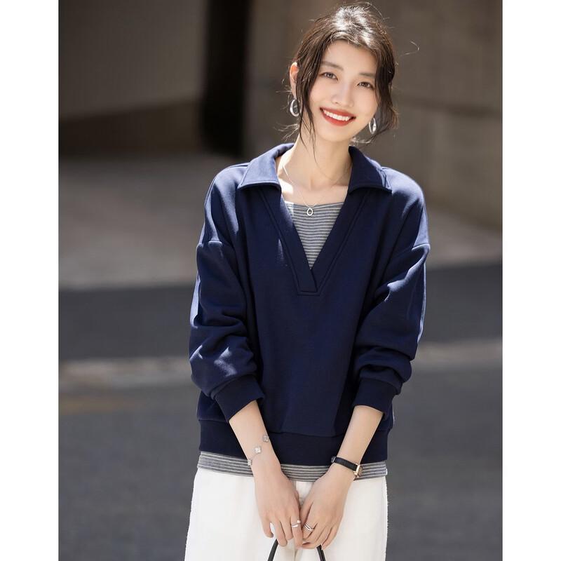 Demana Women's Winter Faux Two-Piece Color Block Lapel Sweatshirt