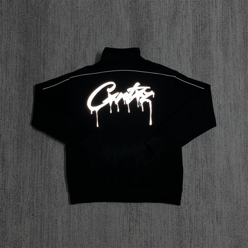 American Retro Reflective Corteiz Alcatraz Jacket with Stand Collar and Zippered Casual High Street Pants