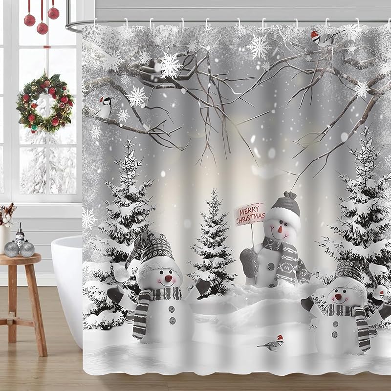 Christmas Shower Curtain, Winter Shower Curtain Set, Cute Bathroom Shower Curtain Sets, Snowman Christmas Tree Shower Curtains, Bathroom Curtains серый белый
