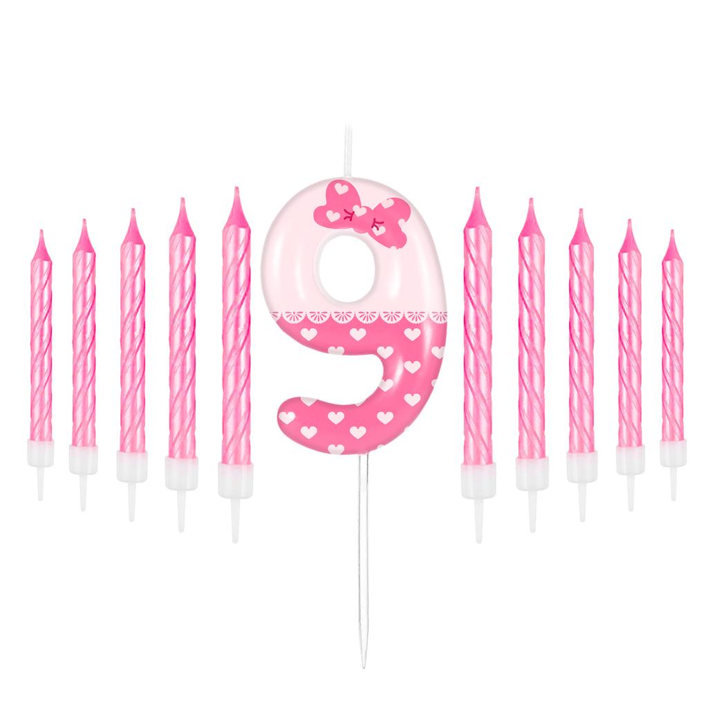 11pcs Pink Bow Number 0-9 Birthday Candles, Cat Cartoon Birthday Decorations for Girls, Wedding Anniversary Party Supplies