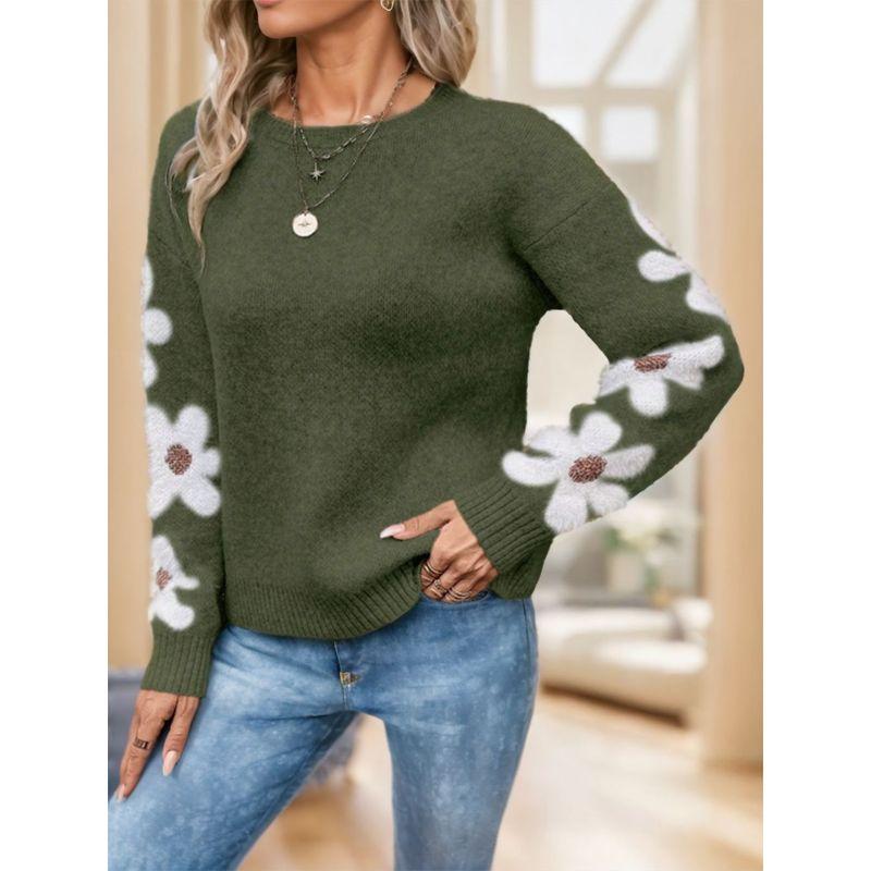 

2025 Autumn New European and American Fashion Flower Women Knitted Women clothes Sweater Top Outerwear Army Green XXL