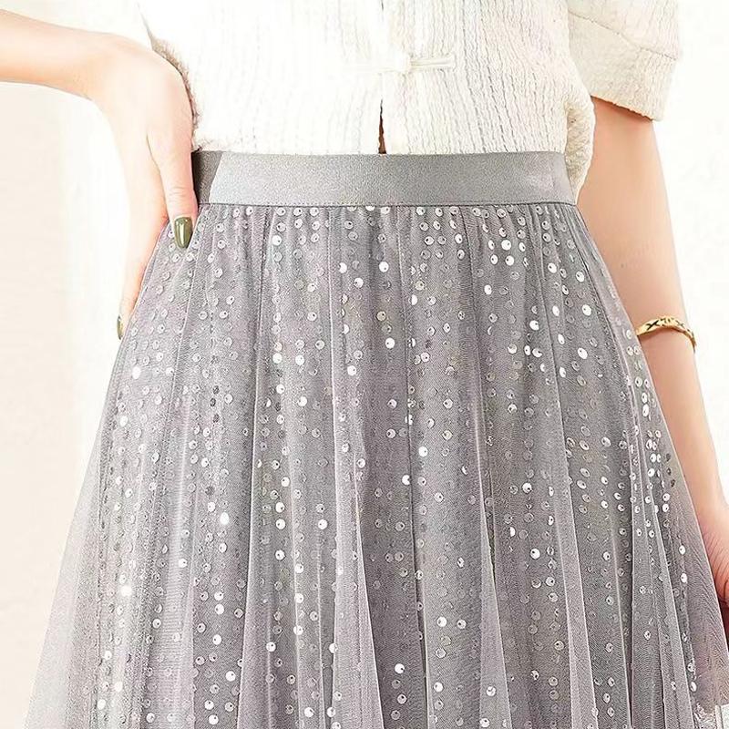 Jupe tutu en tulle à paillettes pour femme avec taille élastique brillante et longue jupe trapèze en tulle