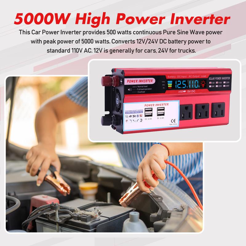 5000W Car Power Inverter Pure Sine Wave DC 12V To AC 110V Converter LCD Screen Display Portable Household