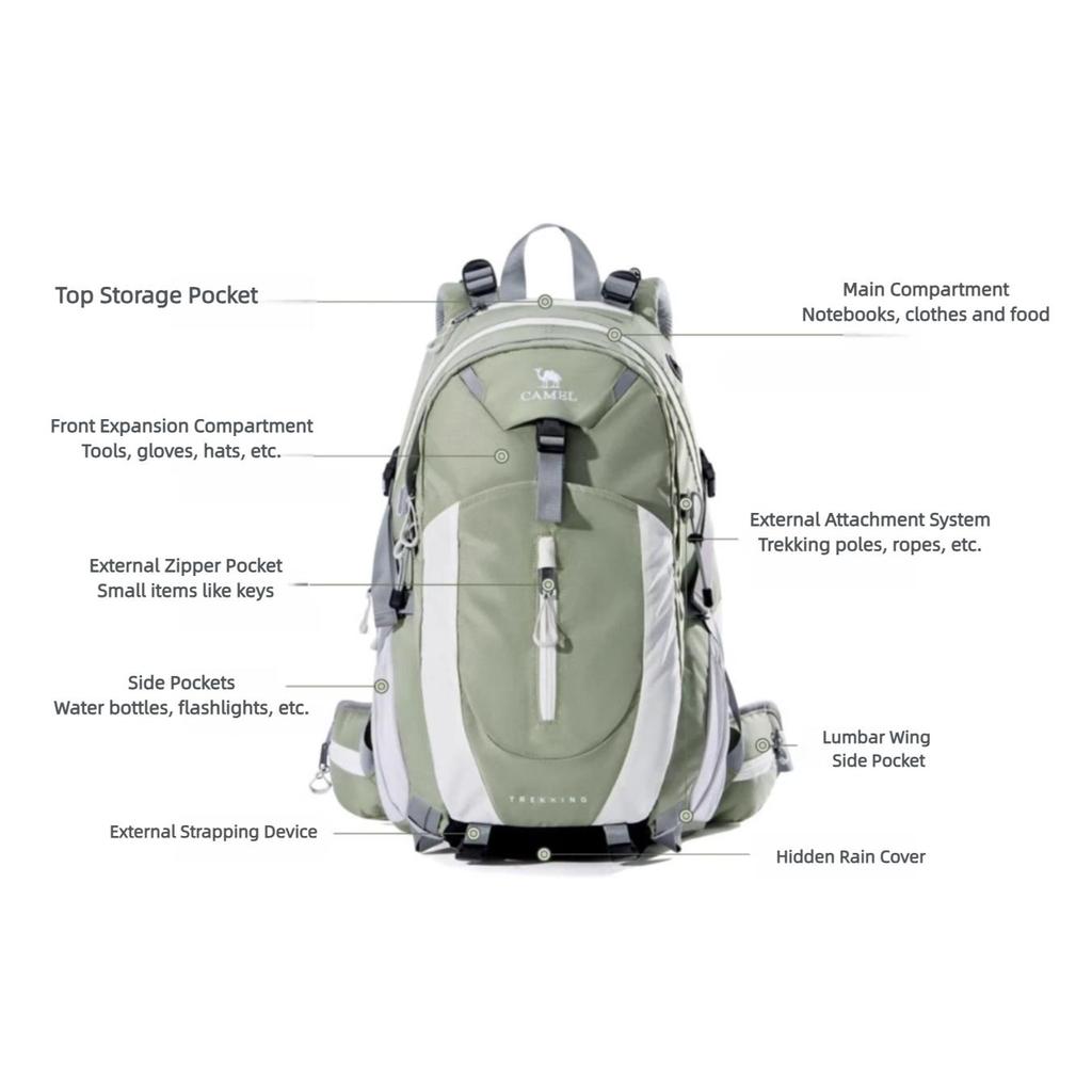 CAMEL Outdoor Professional Hiking Backpack, Large Capacity Travel Tourism Backpack, for Hiking And Climbing, Light Green