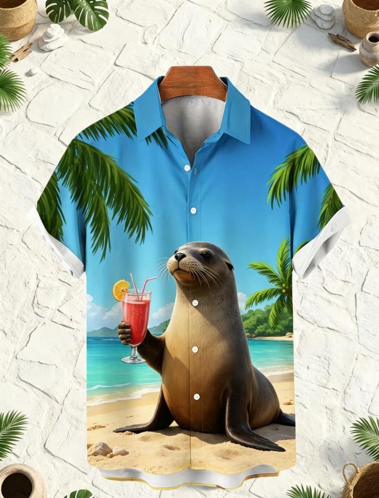 Men's Beach Anthropomorphic Animal Printed Short Sleeved shirt, Suitable For Beach Vacations And Summer Travel