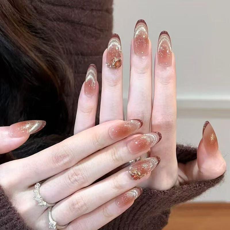 Autumn & Winter Caramel Lava Cat Eye Nail Art - Handmade, Wearable, High-End Nail Tips