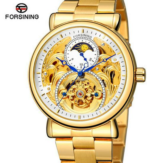 FORSINING Men's Tourbillon Moon Phase Automatic Mechanical Watch with Engraved Hollow Steel Band