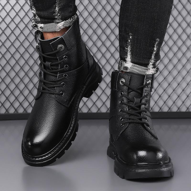 Fashion Cow Leather Winter Warm Wool Platform Boots for Men Fashion Casual Metal Designer High Top Work Shoes Male Black Ankle Boots