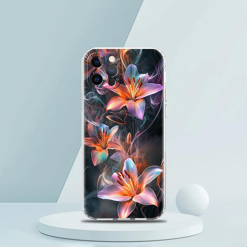 Soft TPU Transparent Phone Case Cover for iPhone 16 15 14 13 12 11 Pro Max XR 8 7 Plus XR Shell Realistic Lily Flower Print Bags