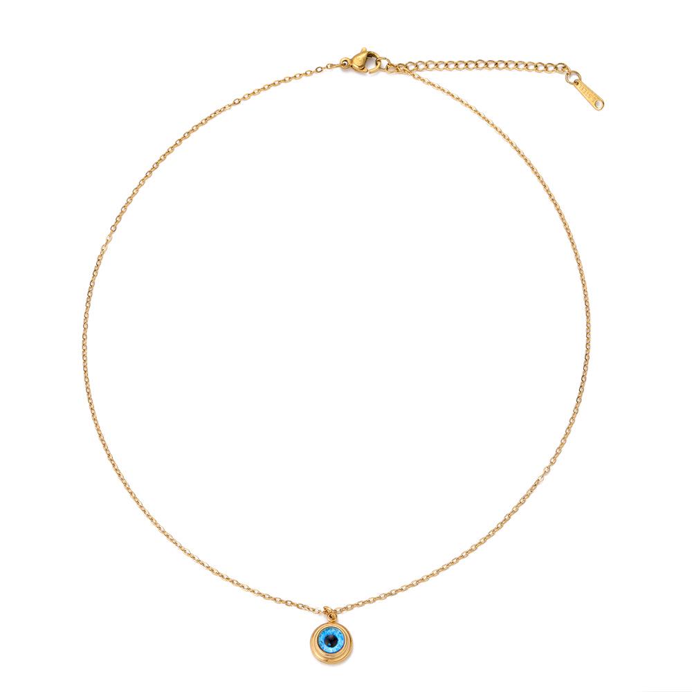 Titanium Steel Blue Evil Eye Pendant Necklace with 18K Gold and Retro Style Earrings