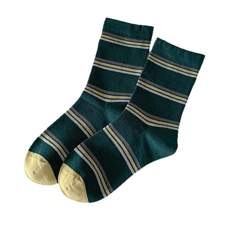 Retro Maillard Coffee Striped Mid-Calf Socks for Women - Autumn/Winter Academic Style Fashion Block Korean Loose Fit.