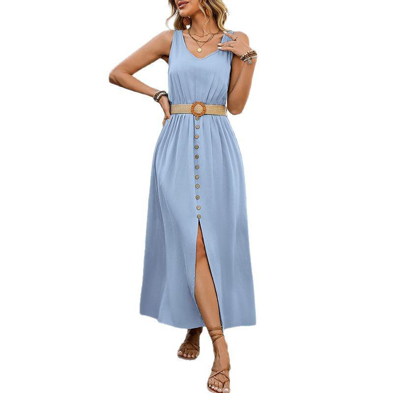 Casual Sleeveless Summer Vacation Dress with Belt and Slit - 2025 European & American Style