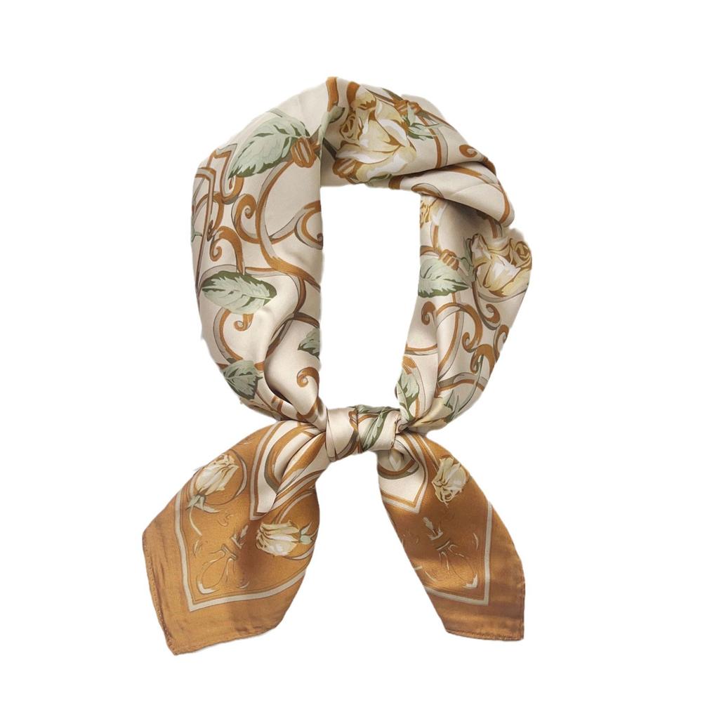 Spring elegant flower square scarf, high-end versatile gift, Nordic foreign style 71x71cm thin imitation silk scarf