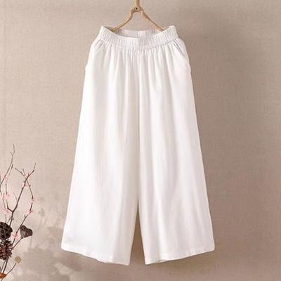 Women Cropped Pants Elastic Waist Mid-rise Wide Leg Trousers with Pockets Solid Color Loose Fit Casual Trousers