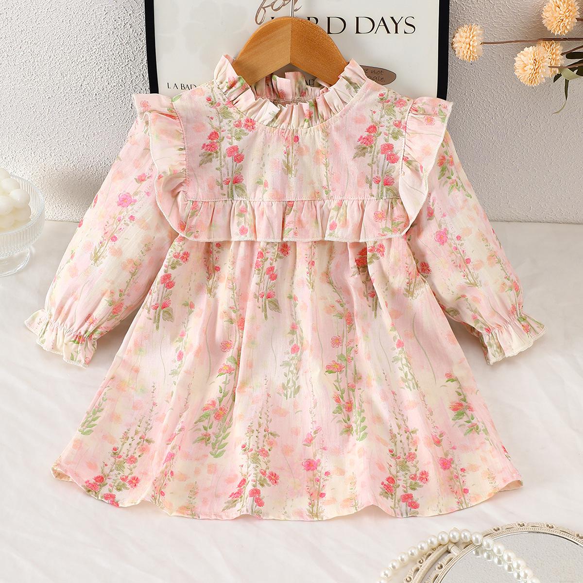 Spring Autumn Cotton Girls Long Sleeve Dress Floral Ruffle Hem Fresh Princess Baby Clothing For Kids 80cm