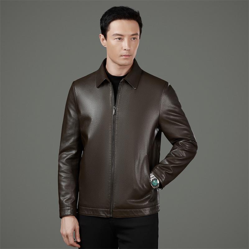 Men's Plus Size Genuine Leather Jacket - Spring/Autumn Middle-aged Casual Lapel Outerwear