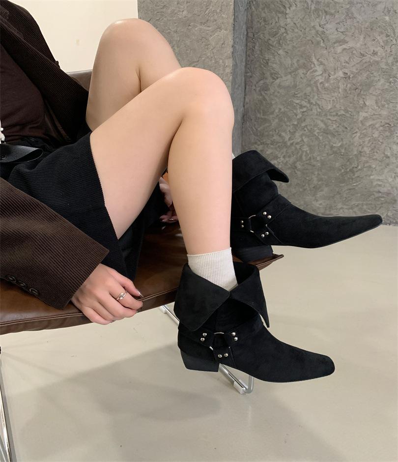French fashionable design belt buckle thick heel thin boots women's autumn and winter outer wear commuting versatile one-pedal short boots