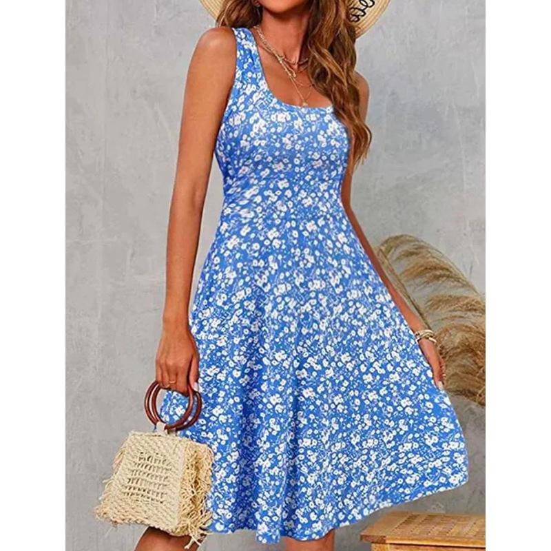 TIFICY Women's Fashion Summer Spring Flower Pattern Print Sleeveless Square Collar High Waist Casual Dresses