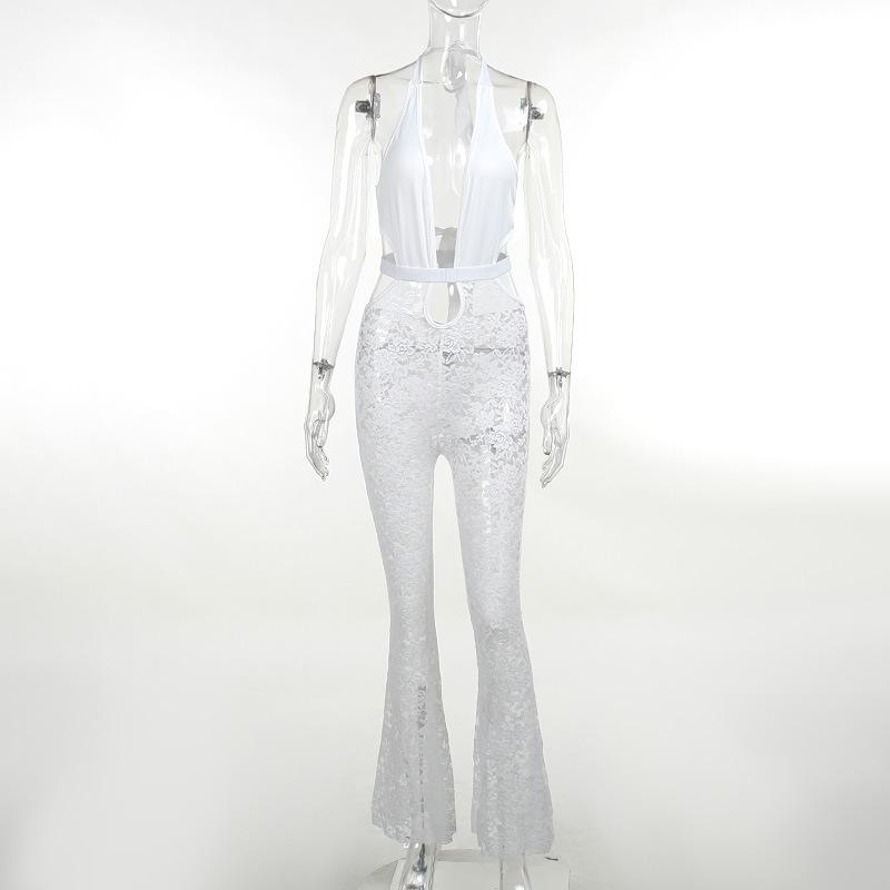 JY neck sexy chest hollow lace perspective micro pull jumpsuit European and American new women's clothing