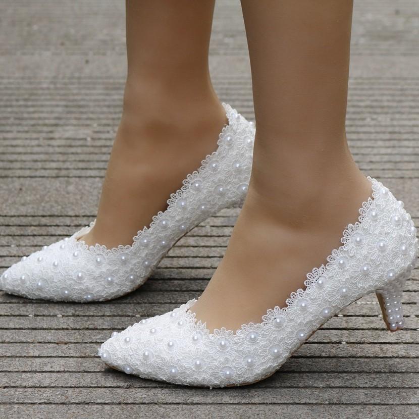 Large Size 5 Cm Lace High Heels Slim Heels Wedding Shoes Work Pointed Toe Bridesmaid Shoes Annual Meeting Photo Shoes