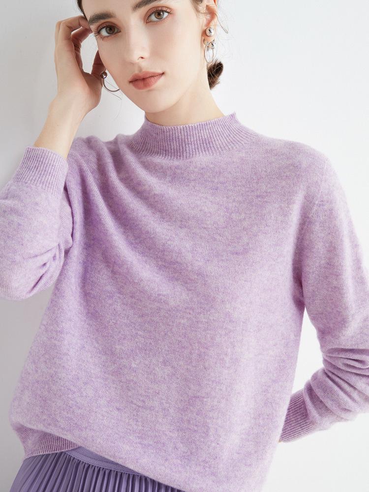 Women's Slim-Fit Autumn Sweater: Fashionable Half-High Neck, Versatile Pure Wool for Base Layer or Outerwear, Skin-Friendly