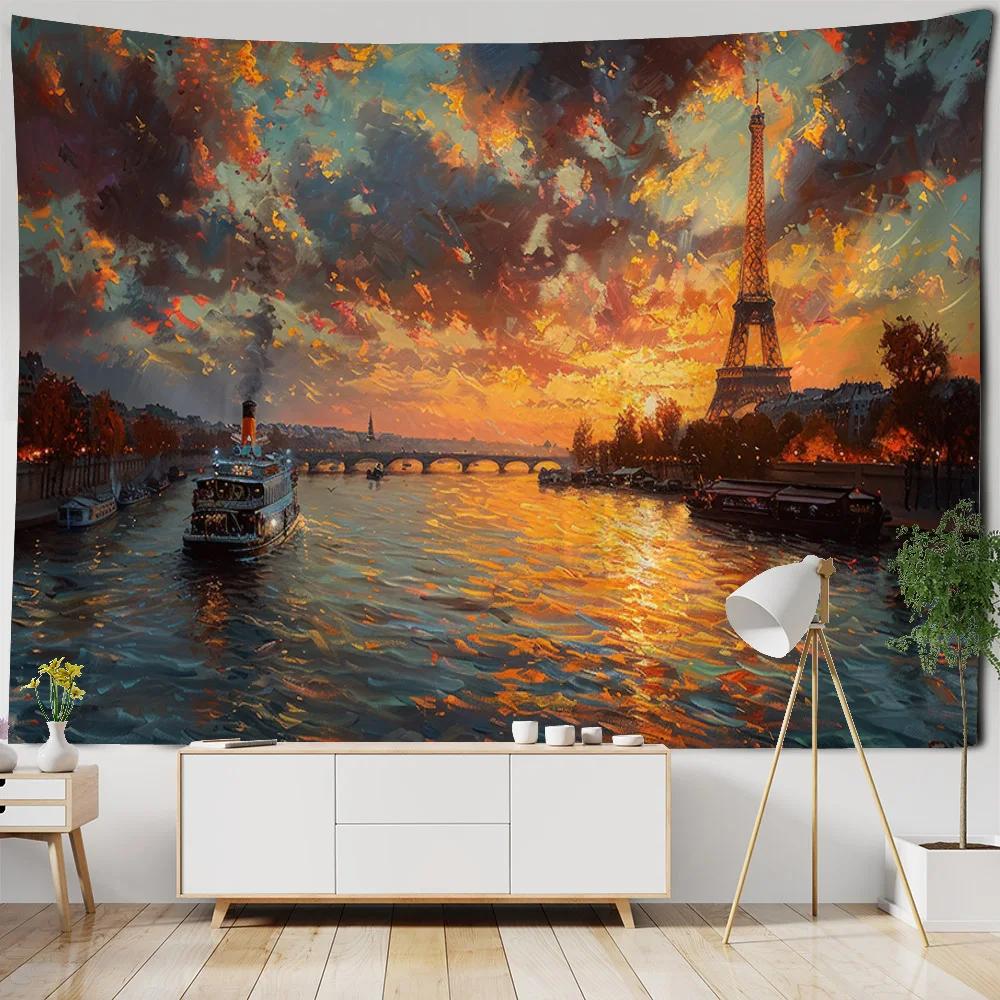Seaside Fishing Boat Architecture Oil Painting Tapestry - Retro Art Print Home Decor Fabric for Living Room Bedroom