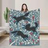 Vintage Black Fox Berry Throw, Cottagecore Flannel Blanket, Woodland Animal Art