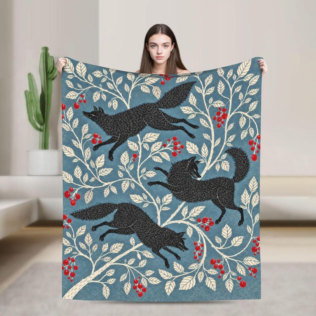Vintage Black Fox Berry Throw, Cottagecore Flannel Blanket, Woodland Animal Art