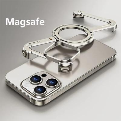 Z Shape Aluminum Alloy Rimless Magnetic Phone Case for IPhone 15 13 14 Pro Max Metal Stand Magsafe Buffer Shockproof Hard Cover for Samsung S24 Utlra