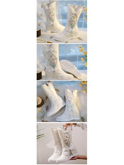 Vyšívané zimní Hanfu kozačky po kolena: Etnický styl, Plyšová bavlna, Vnitřní zvýšení výšky