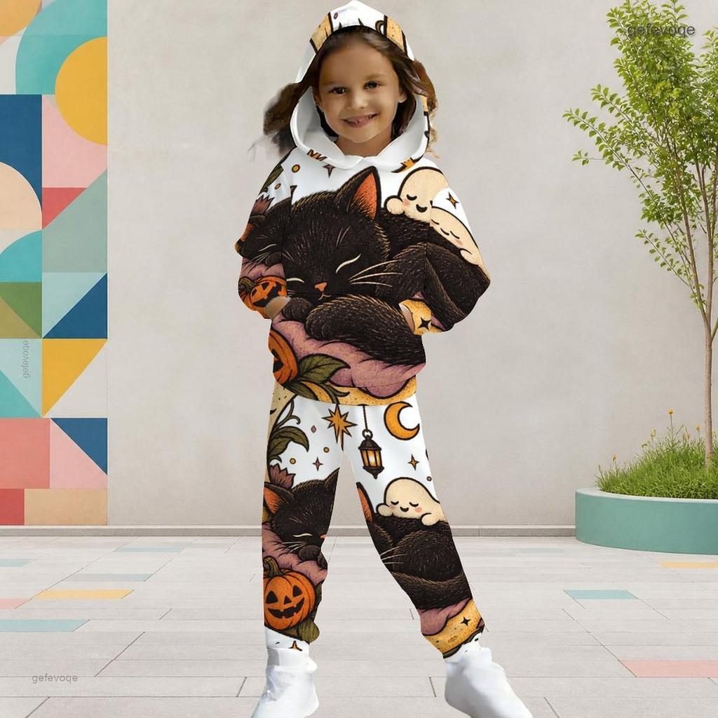 Girls Halloween Panda Ghost Printed Hooded Long Sleeve Kangaroo Pocket Cuffed Pants Two Piece Set