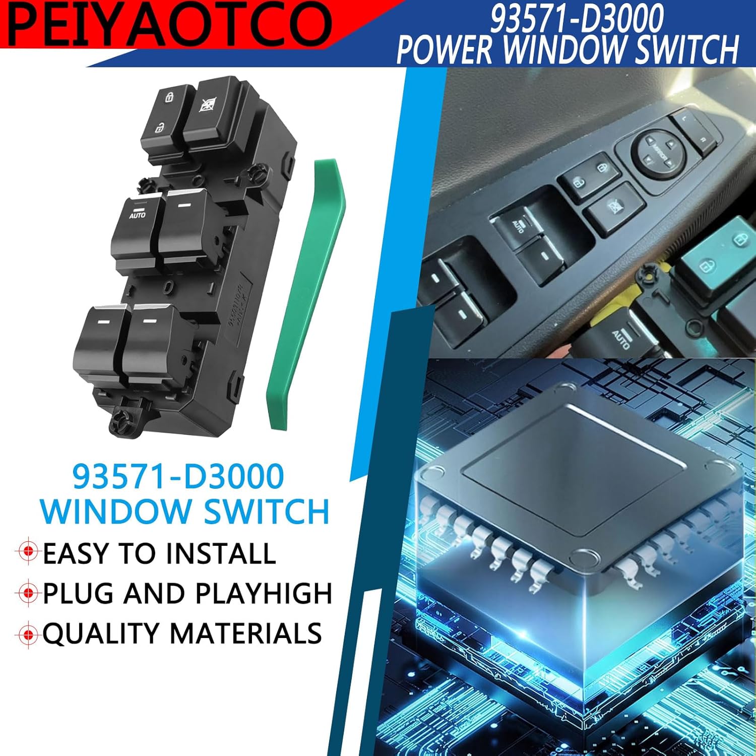 

93571-D3000 Power Window Switch Front Driver Side Fit for 2016 2017 2018 Hyundai Tucson Replace 93570-D3000 93571-D3040 93573-D3020 93570-D3061