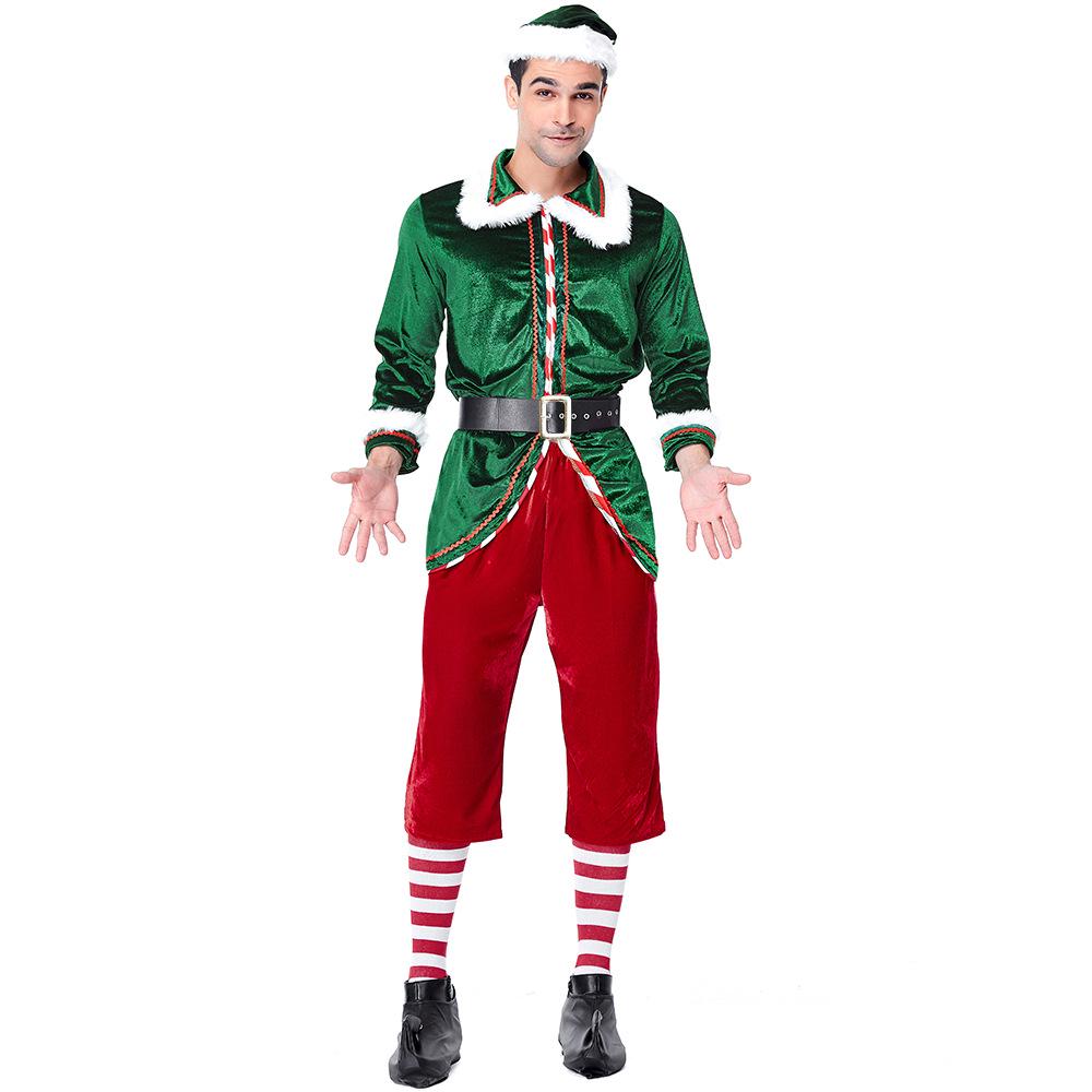 Adult Men Christmas Xmas Green Elf Top Pants Hat Socks Velvet Sets New Year Halloween Role Play Dress Up Cosplay Costume