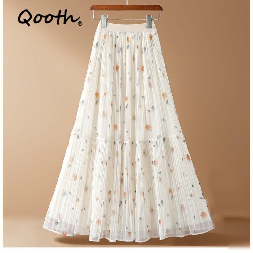 Qooth Retro Women Floral A Line Pleated Skirt Elegant Wide Hem Mid Length Elastic Waist Skirt QT2644