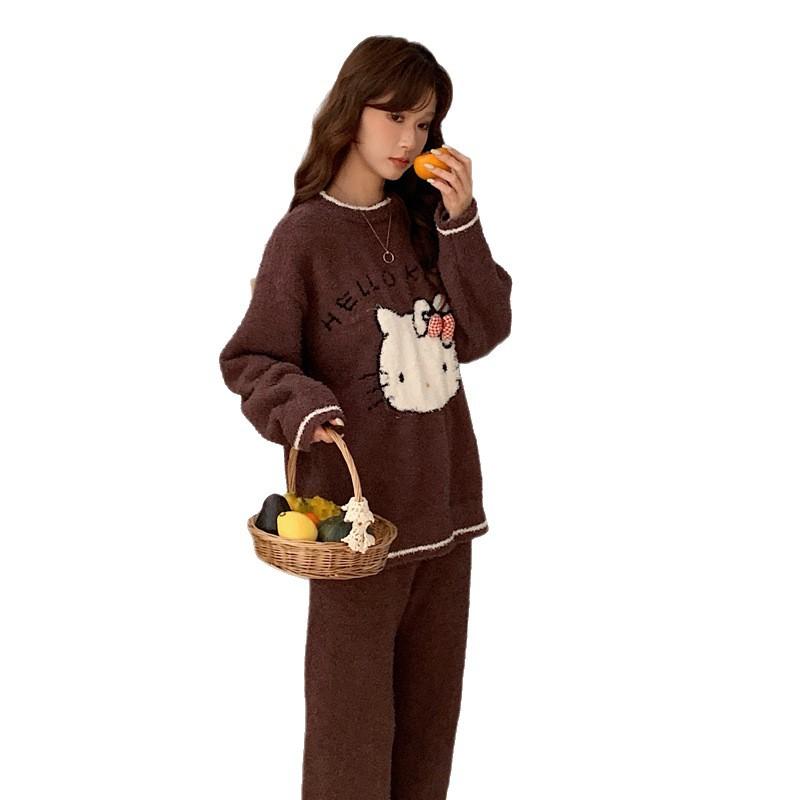 Autumn and winter thickened pajamas women's round neck half-edge fleece thermal suit coral fleece loose and sweet student loungewear