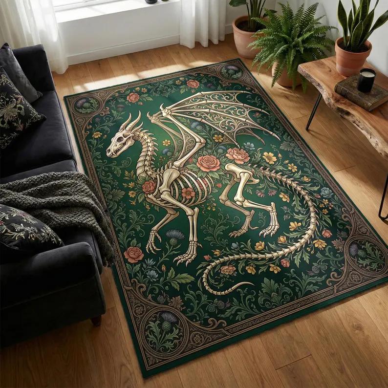 

Gothic Skeleton Unicorn Dragon Area Rug Dark Academia Botanical Floral Pattern Carpet for Living Room Bedroom Hallway Floor Mat 50x80cm