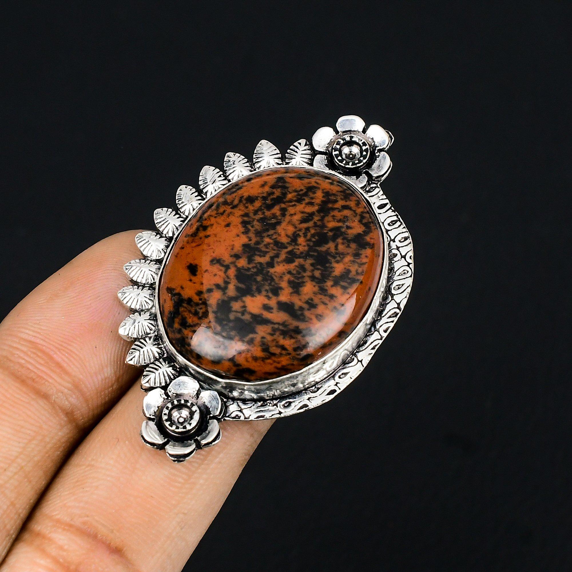Mahogany Obsidian Stone Sterling Silver Flower Statement Ring Jewelry Size 7.5 7.5