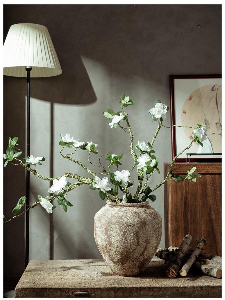 Wabi-Sabi Style Unglazed Terracotta Vase with Floral Design for Retro Living Room or Dining Table Decor
