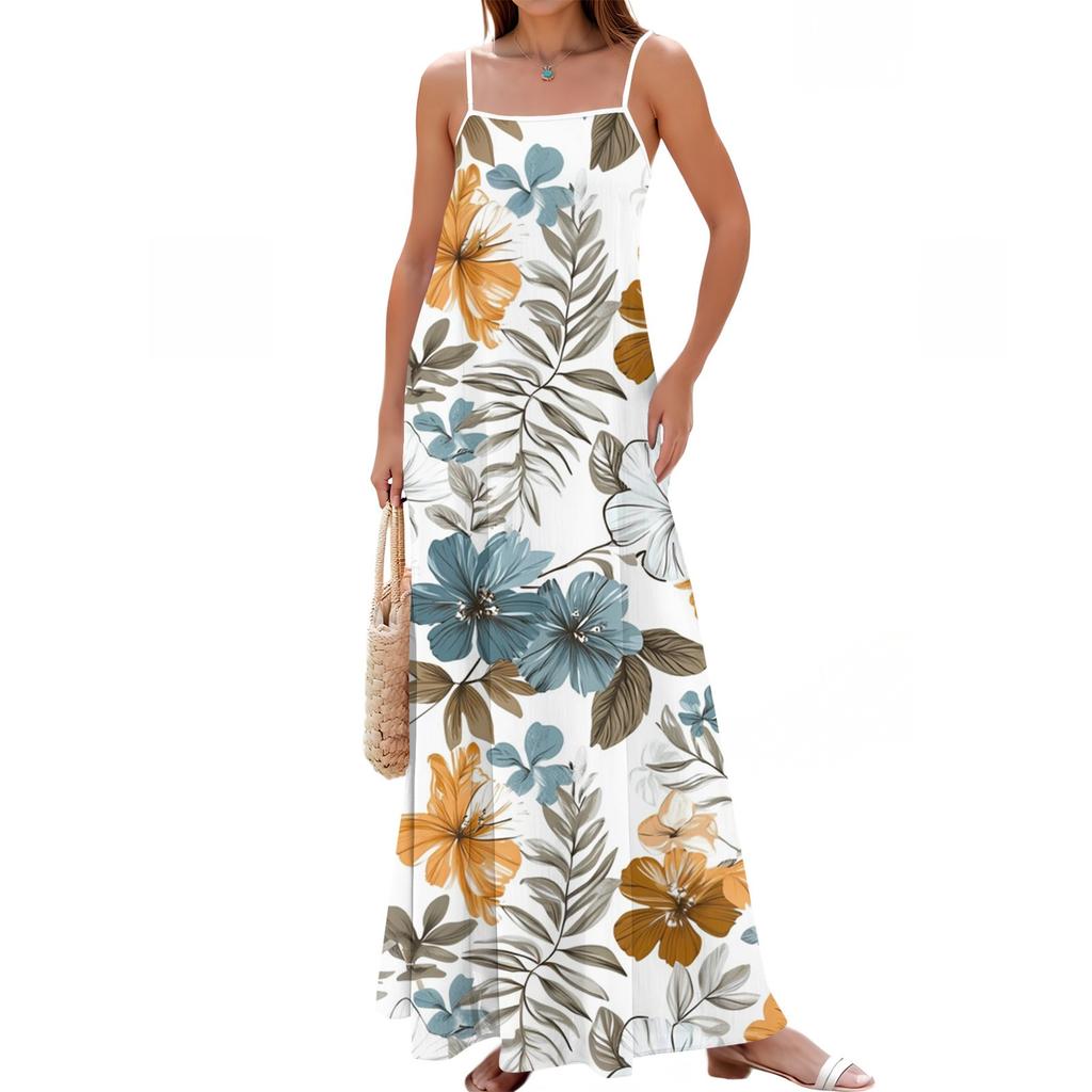 Women's Spring And Summer Casual Fashion Adjustable Suspenders Printed Long Dress