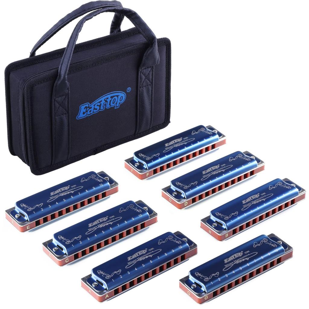 East Top Blues Harp 10 20 Brass Canvas and Cleaning for and Diatonic Harmonica 7-Piece Set, Holes, Tones, Cover, Case, Cloth, Beginners,