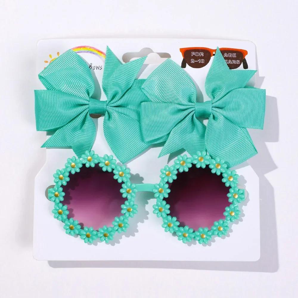 1Set Children Headwear Glasses Solid Soft Bowknot Head Bands Girls Lace Barrette Retro Headbands Sunglasses Kids Hair Band Sets