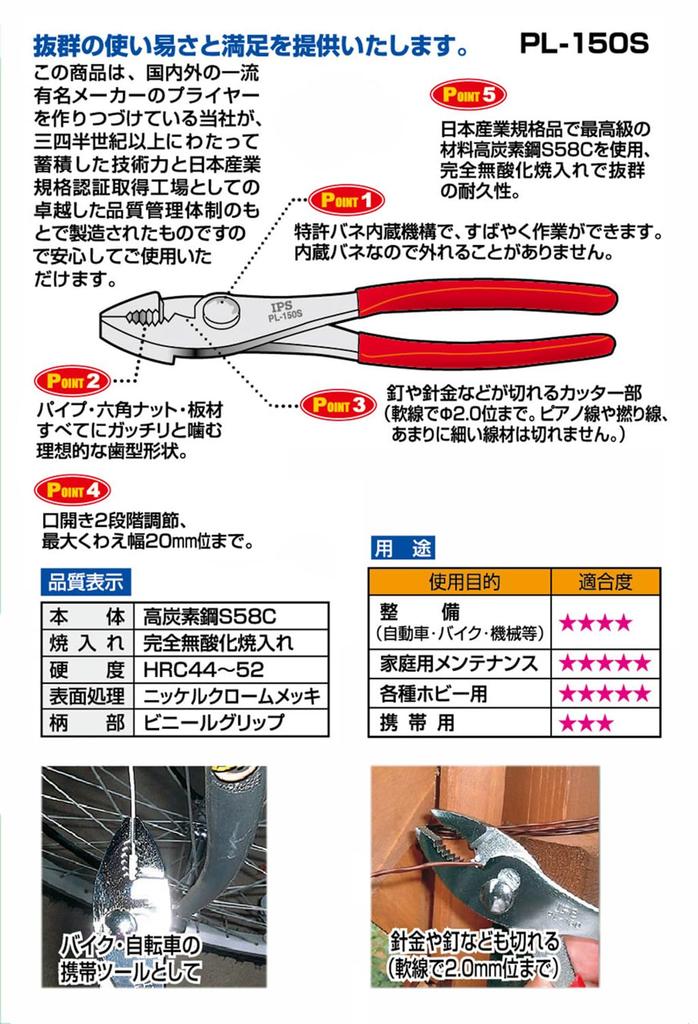 Igarashi Plyer IPS Spring Loaded Combination Pliers 150mm Made In Japan PL-150S Tsubame-Sanjo