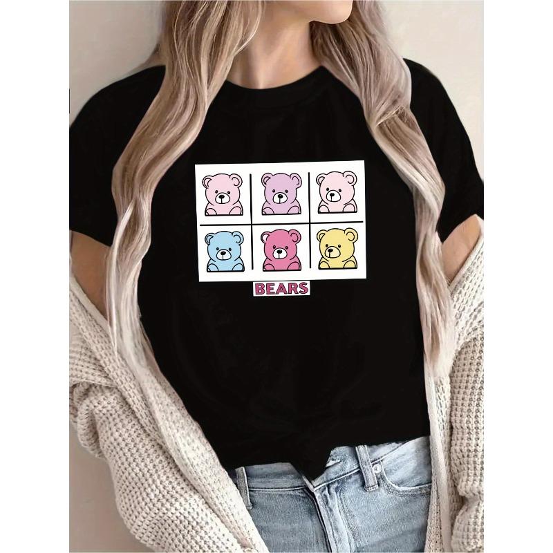 

European Size Women S Cute Bear Print T-Shirt - Casual Short Sleeve Crew Neck, Spring/Summer Vacation Style, Green with Colorful Cartoon Bears Design 4XL