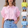 Women Lapel Short Puff Ruffle Sleeve Solid Button Down Loose Casual Basic Woven Shirt Blouse