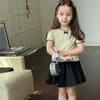 1-12Y Girl's Shirts Korean-style Knitted Lace-Trimmed Short-Sleeve Summer Ruched Tops Trendy Breathable Bow Tie Versatile Tee