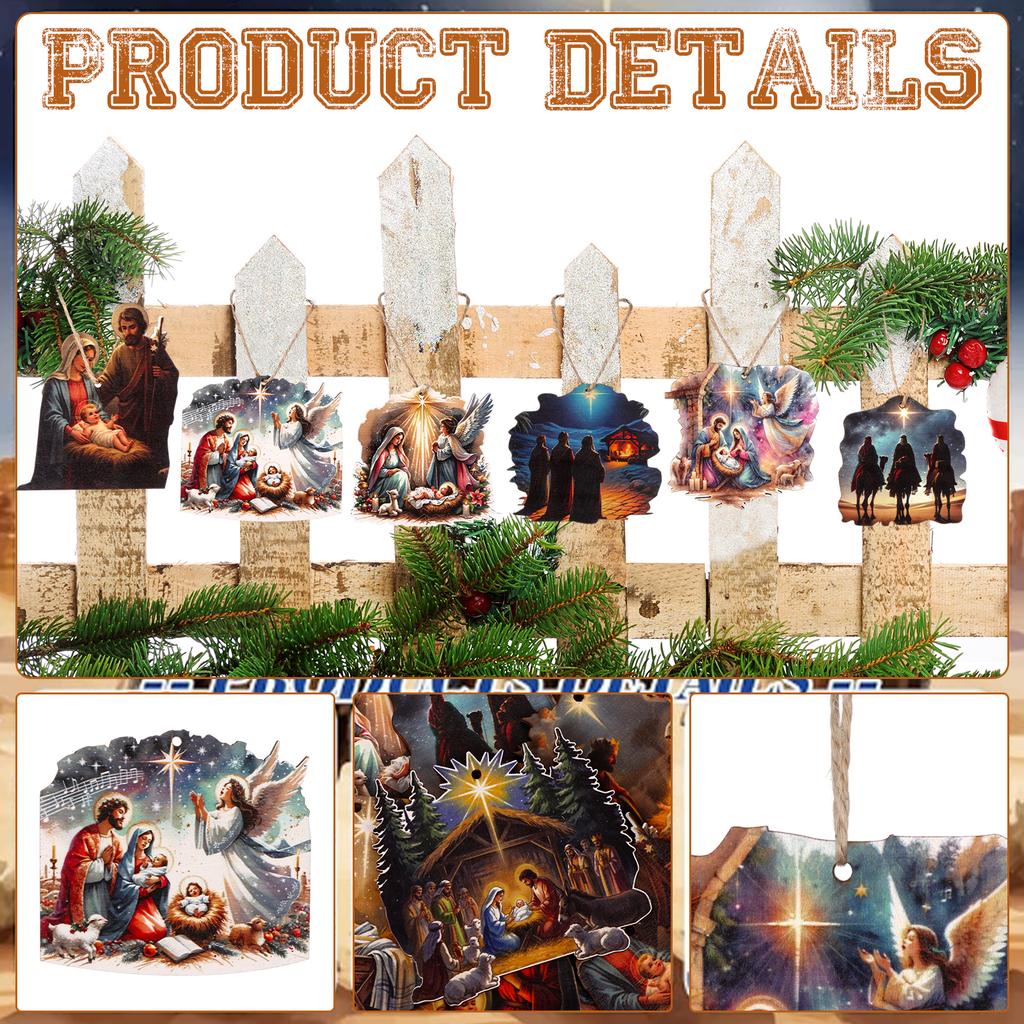 12Pcs Nativity Sets Christmas Ornaments Wooden Hanging Nativity Scene Ornament Birth Of Jesus Religious Christmas Tree Decoratio