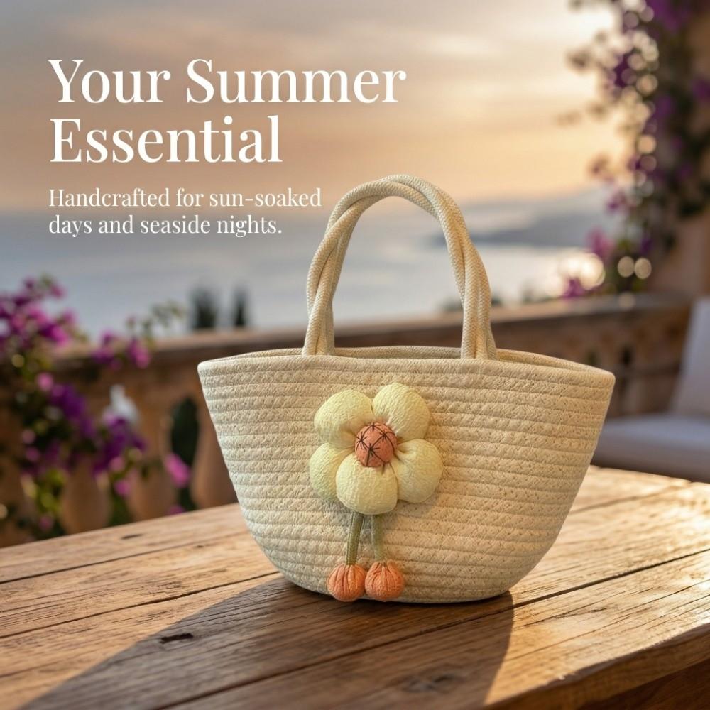 Portable Straw Woven Tote Bag High-capacity Flower Bucket Bag Handmade All-Match Handbag Beach