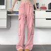 Streetwear Pockets Vintage Wide Leg Pants Women Fashion Loose Cargo Pants Women Solid Mid-Waiat Straight Trouser Pantalons 29649