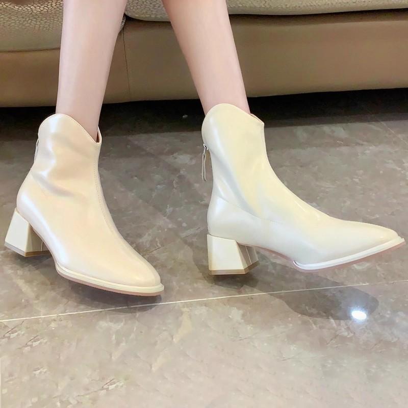 Women's Shoes, White Short Boots, Women's 2025 Autumn and Winter New Square Head Thick Heel Thin Boots, Thin and Velvet, Zipper High Heel Naked