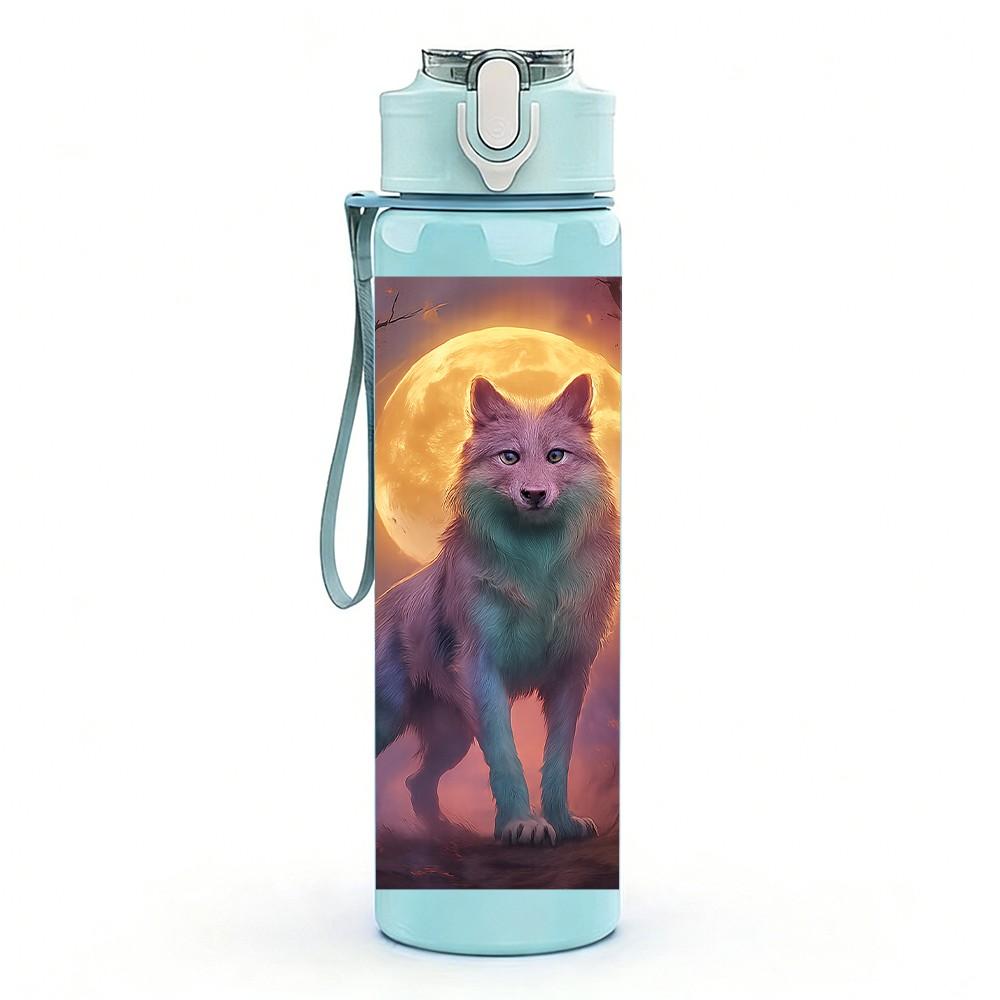 1PC Wolf Howling At Moon Night Print 750ml Color Plastic Sports Water Bottle Leakproof Flip Straw Lid Suitable for Sports Office Home Use